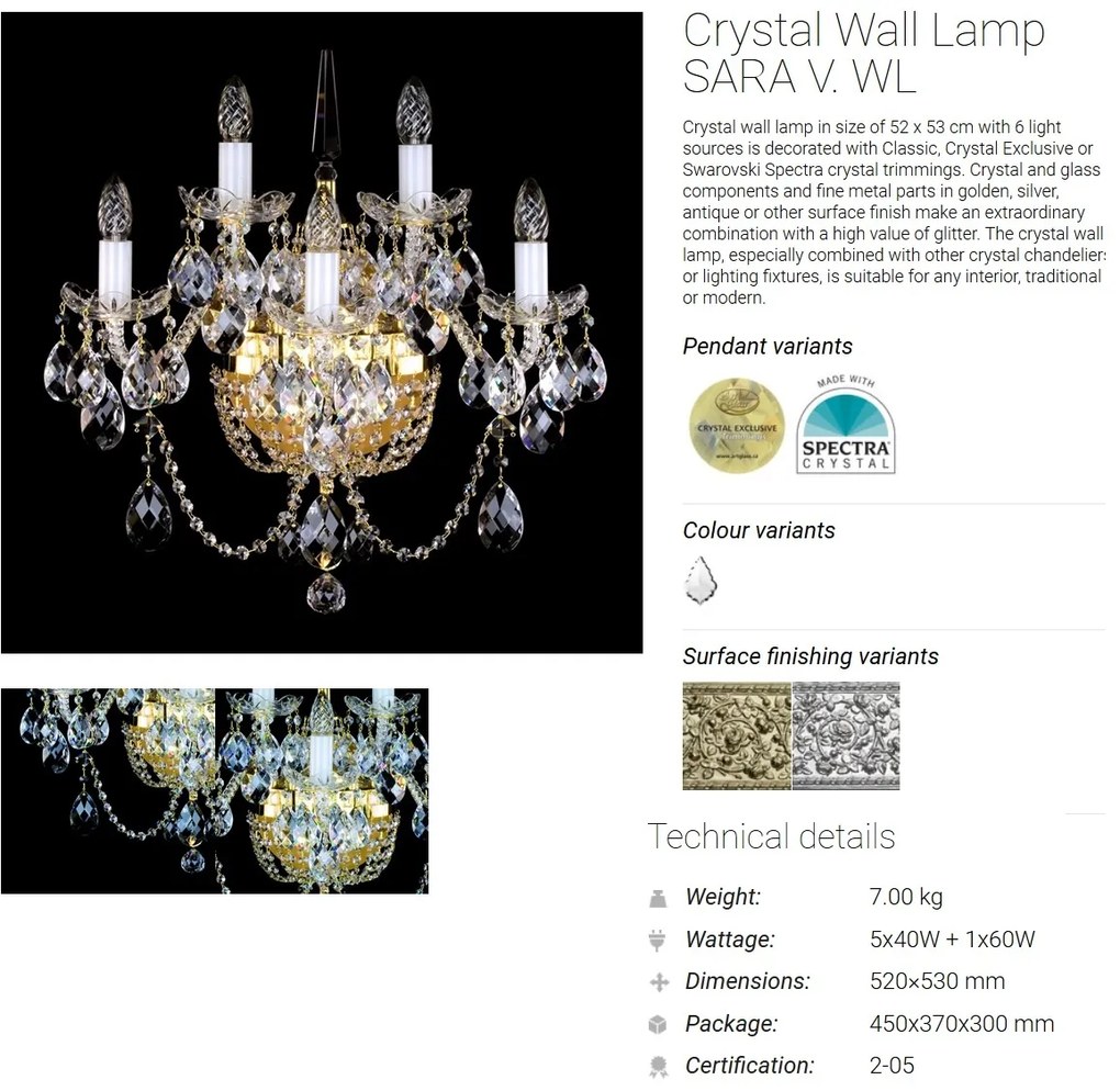 Aplica de perete Cristal Bohemia Exclusive SARA V. CE