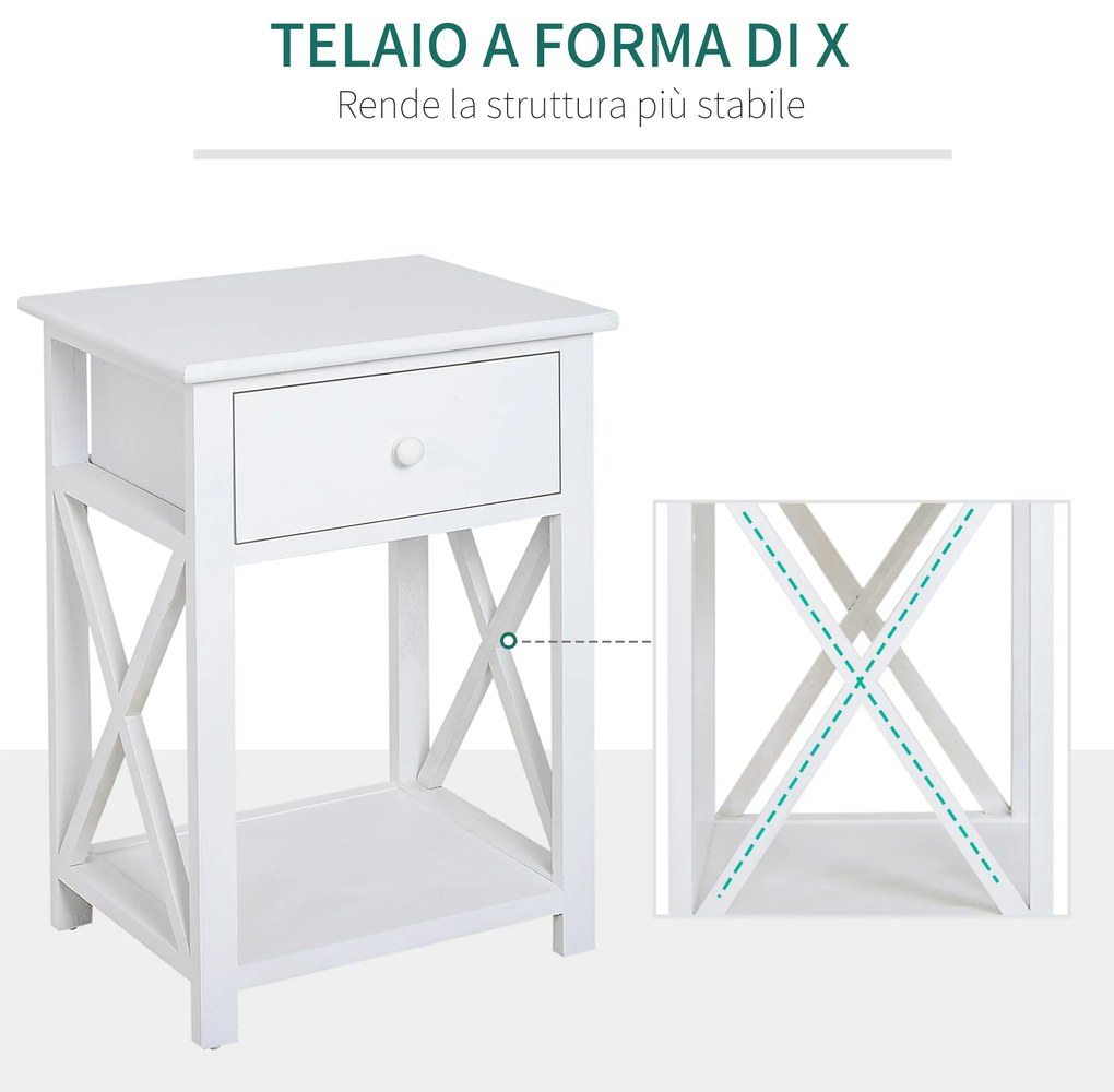 HomCom Noptiera pentru Dormitor din Lemn Alb, 40 x 30 x 55cm