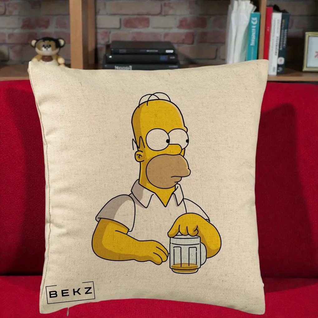 Perna Personalizata Homer Simpson cu Bere, 40x40 cm, Bej, Husa Detasabila, Perna Inclusa, BEKZ®