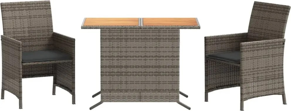 vidaXL Set bistro de grădină cu perne, 3 piese, gri, poliratan