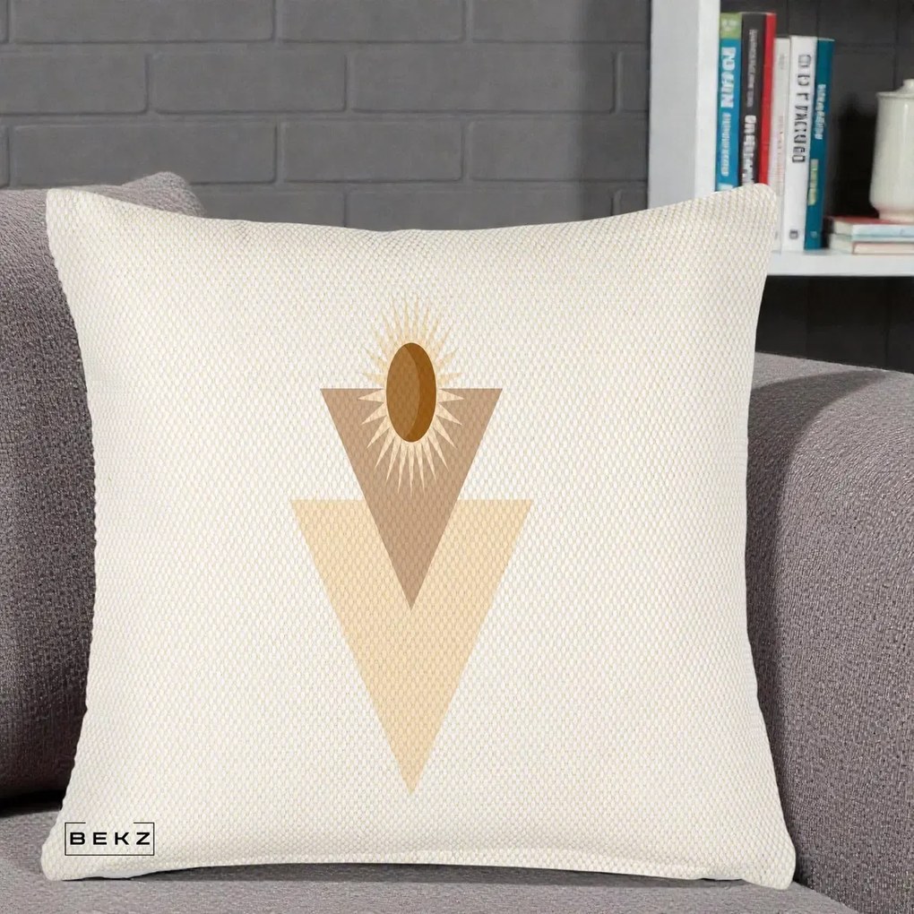 Perna decorativa Boho Sun cu Triunghiuri Bej si Oval Solar, 45x45 cm cu Umplutura, Crem Reliefat, BEKZ