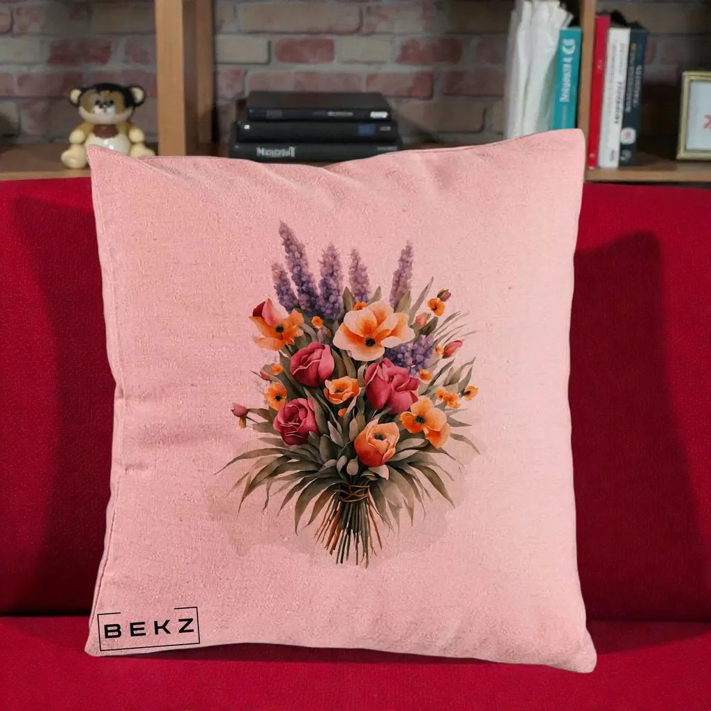Perna Decorativa Buchet Mixt Acuarela Lavanda-Trandafiri, 40x40 cm, Roz, Husa Detasabila, Perna Inclusa, BEKZ®