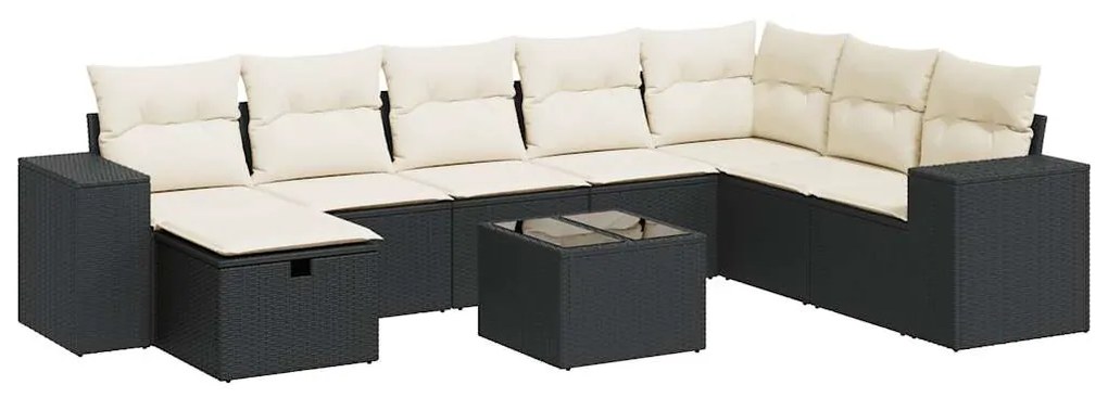 3325742 vidaXL Set mobilier de grădină cu perne, 9 piese, negru, poliratan