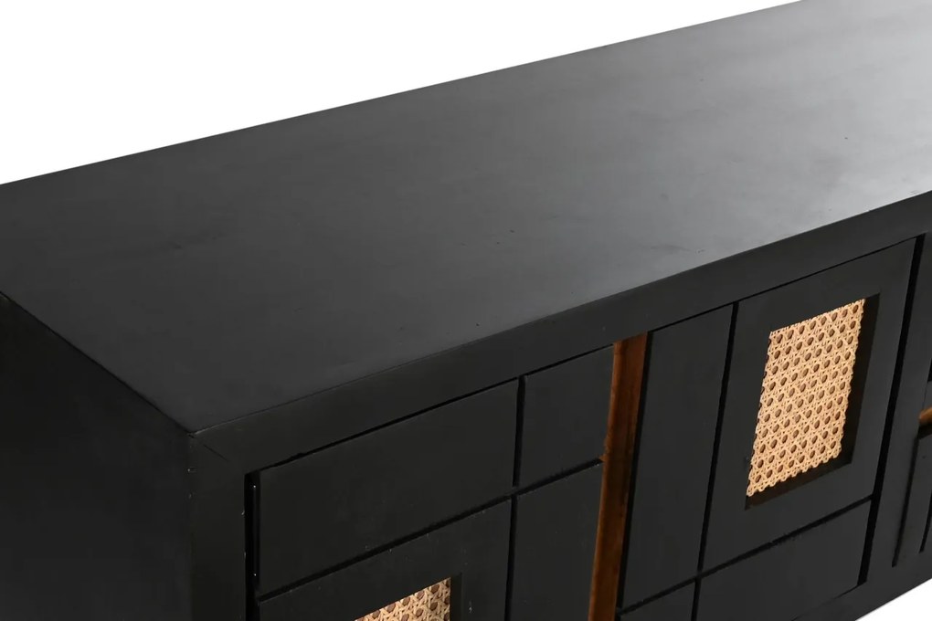 Comodă TV living din lemn de mango, negru, cu 2 uși, 2 sertare, nișă deschisă și inserții din ratan împletit, 60 x 145,5 x 40,5 cm, „Cheverny”