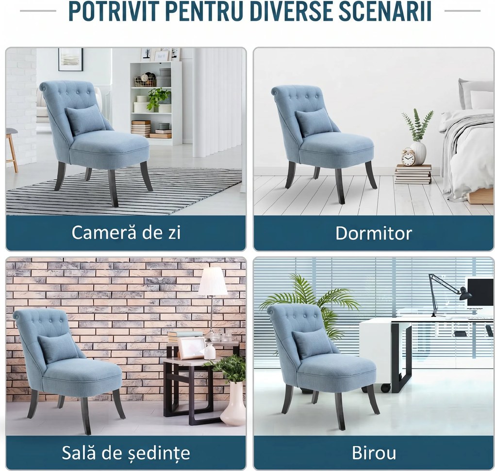 HOMCOM Fotoliu Tapițat cu Pernă și Picioare Antiderapante, Fotoliu din Material Textil, 52,5x69x77 cm, Albastru | Aosom Romania
