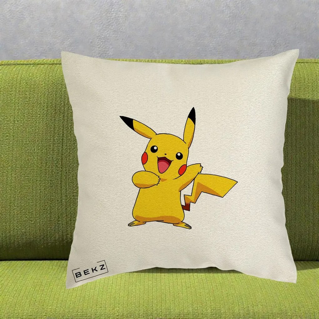 Perna personalizata anime: Pikachu Fericit, 40x40 cm cu Umplutura, Ecru, BEKZ