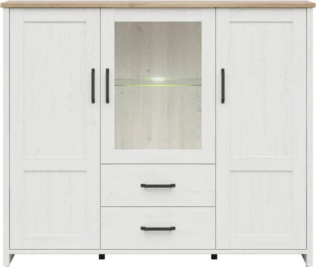 Vitrina LOKSA, alb/stejar, PAL laminat/sticla, cu iluminare LED, 160x4