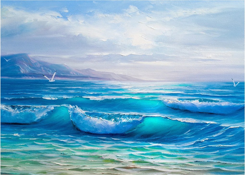 Tablou pe sticlă - Pictură în ulei de mare cu pescăruși (70x50 cm)
