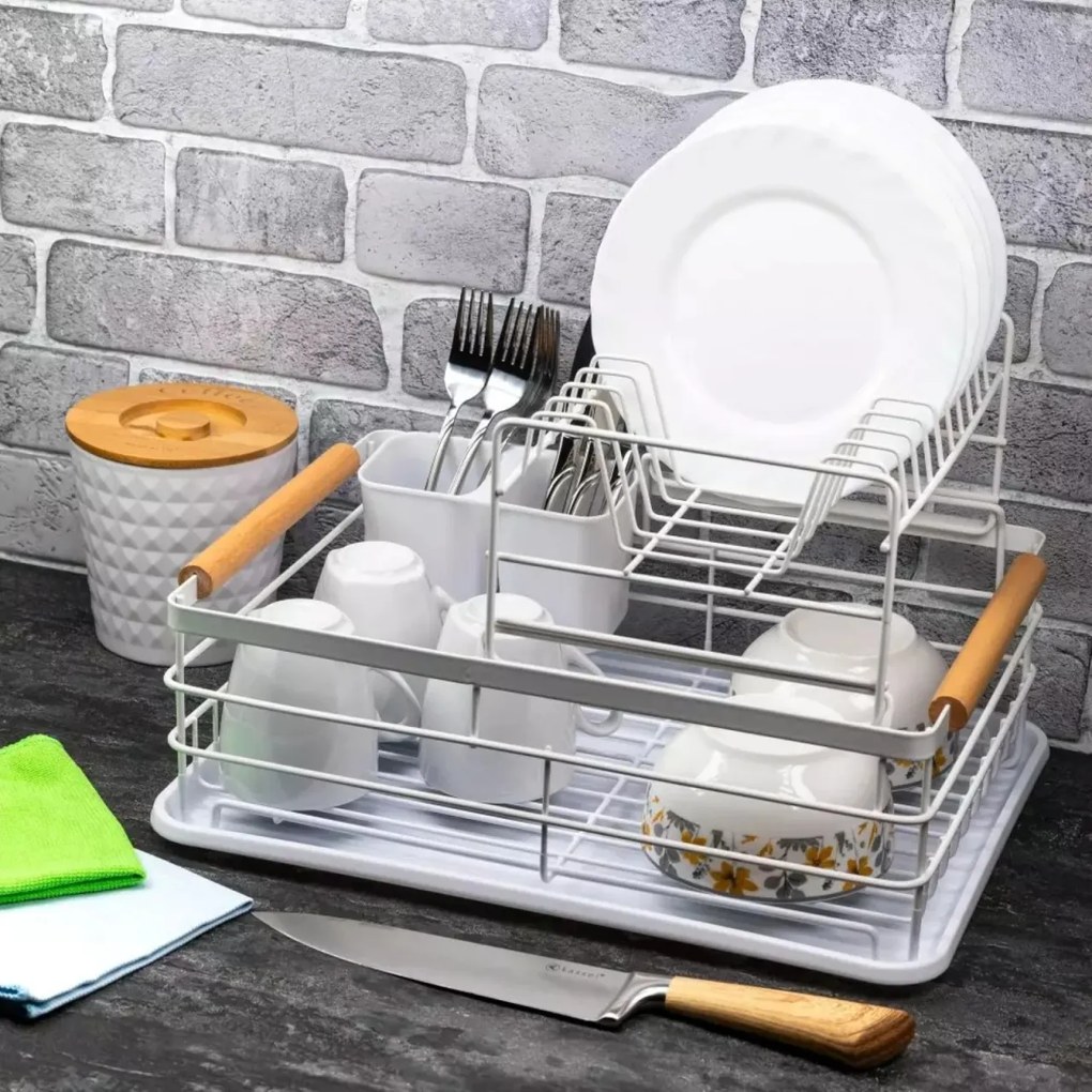 Suport pentru vase pe două niveluri, din oțel, plastic și lemn, alb – KINGHoff KH-1798