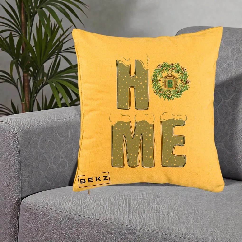 Perna Decorativa HOME Iarna cu Coroana, 40x40 cm, Galben, Husa Detasabila, Perna Inclusa, BEKZ®