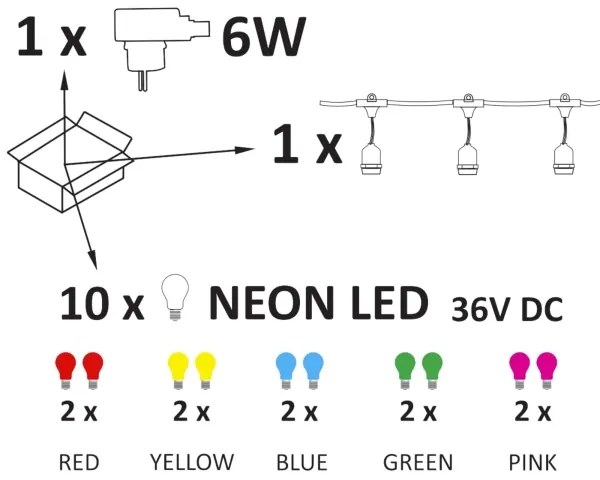 Lanț LED decorativ de exterior PARTY NEON 7,6 m 10xE27/0,6W/36V IP44