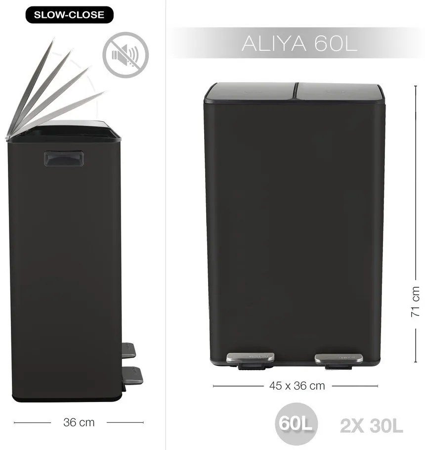 Coș de gunoi negru mat pentru reciclare/cu pedală 2x30 l din oțel Aliya – Spirella