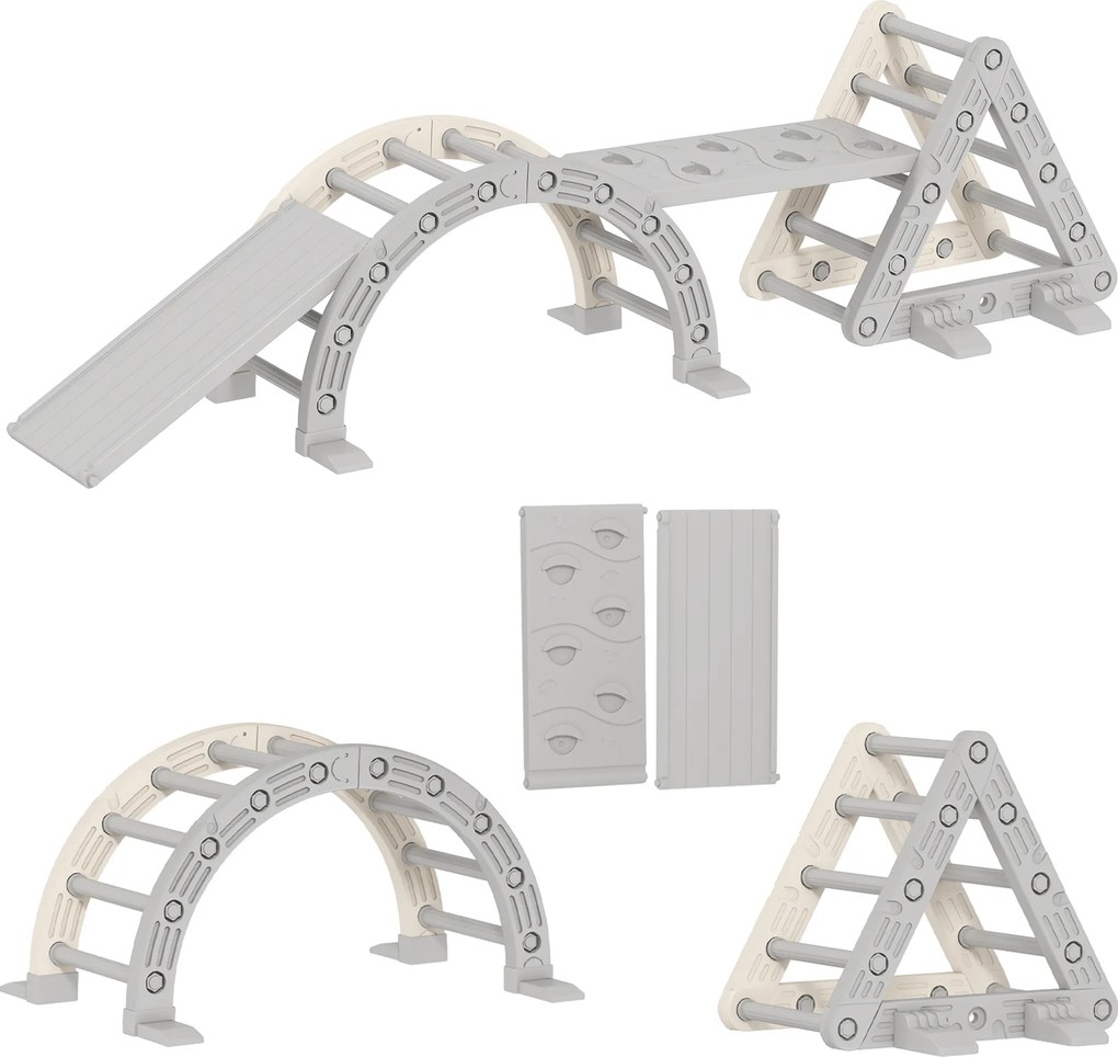 AIYAPLAY 8-în-1 Triunghi de cățărat pentru copii, arc de cățărat, rampă dublă pentru urcat &amp; alunecat, 279 x 80 x 69 cm, gri | Aosom Romania