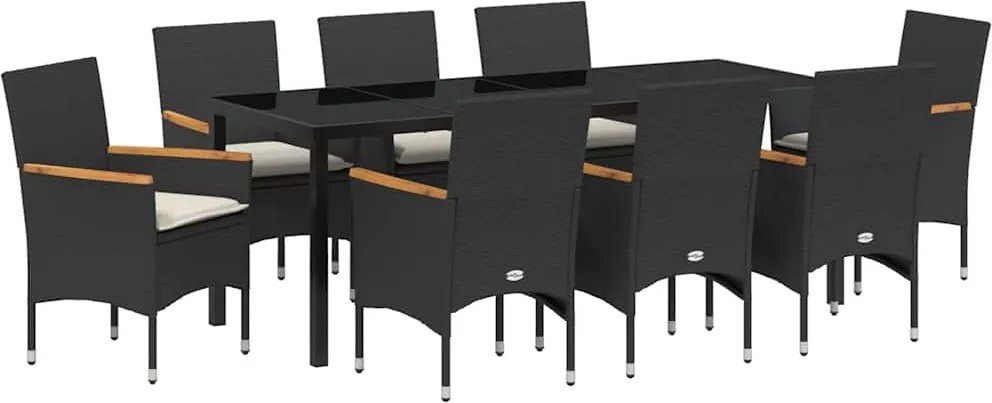 vidaXL Set de masă pentru grădină cu pernă 9 pcs Negru poliratan