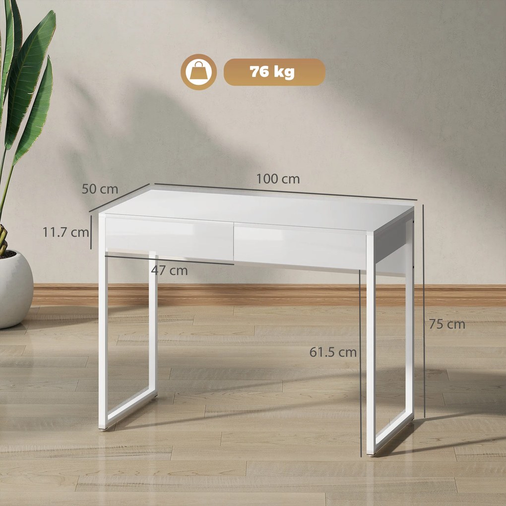 HOMCOM Birou Modern cu 2 Sertare și Picioare din Oțel, 100x50x75 cm, Alb Lucios | Aosom Romania