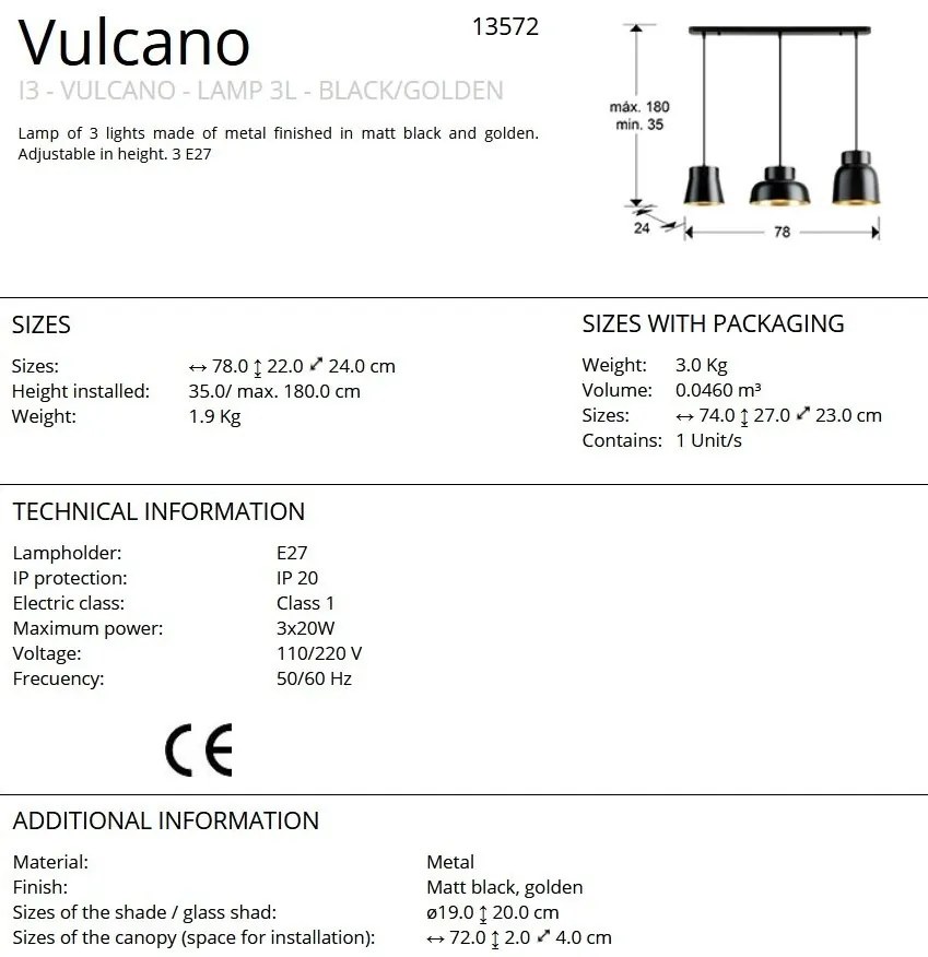 Lustra cu 3 pendule din metal negru cu auriu Vulcano