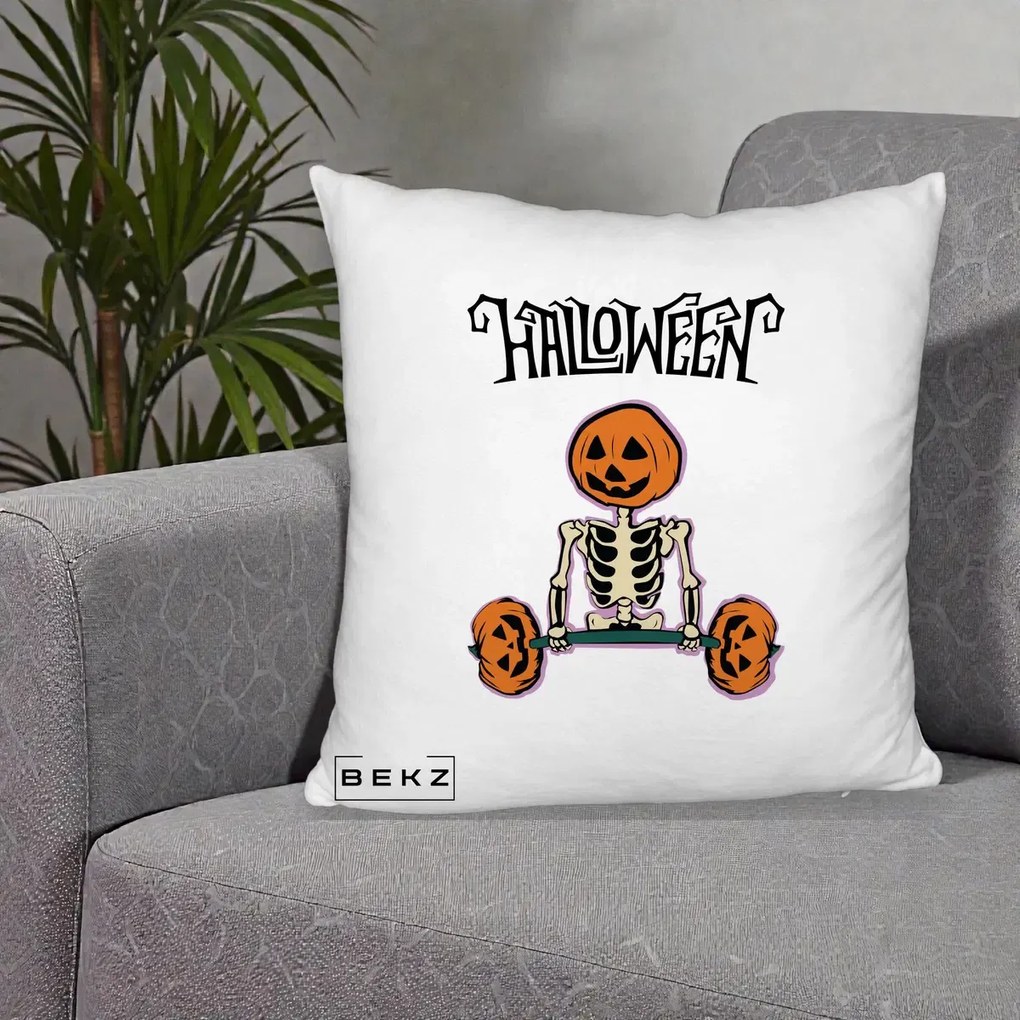 Perna Decorativa Halloween Schelet cu Cap de Dovleac Powerlifting, 40x40 cm, Alb Pufos, Husa Detasabila, Perna Inclusa, BEKZ®
