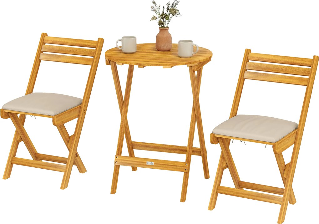 Outsunny Set mobilier balcon 3 piese lemn FSC pliabil set mobilier grădină cu masă rotundă 2 scaune perne șezut respirabile șezut lamelar | Aosom Romania