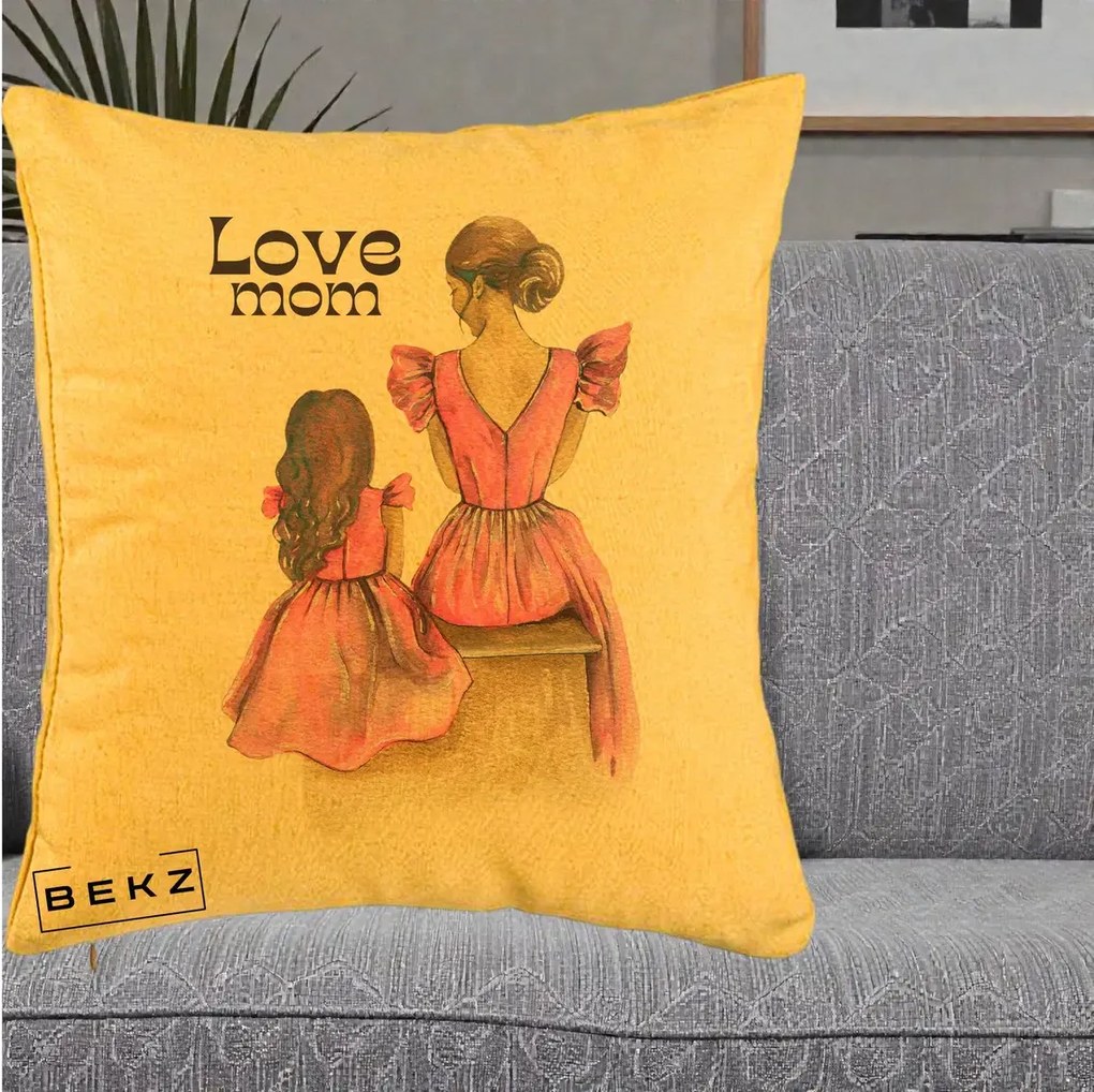 Cadou pentru Mama - Perna Personalizata Love Mom Rochii Roz, 40x40 cm, Galben, Husa Detasabila, Perna Inclusa, BEKZ®