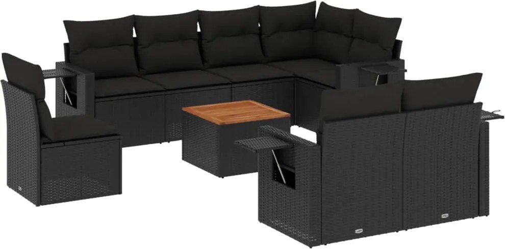 vidaXL Set mobilier de grădină cu perne, 9 piese, negru, poliratan