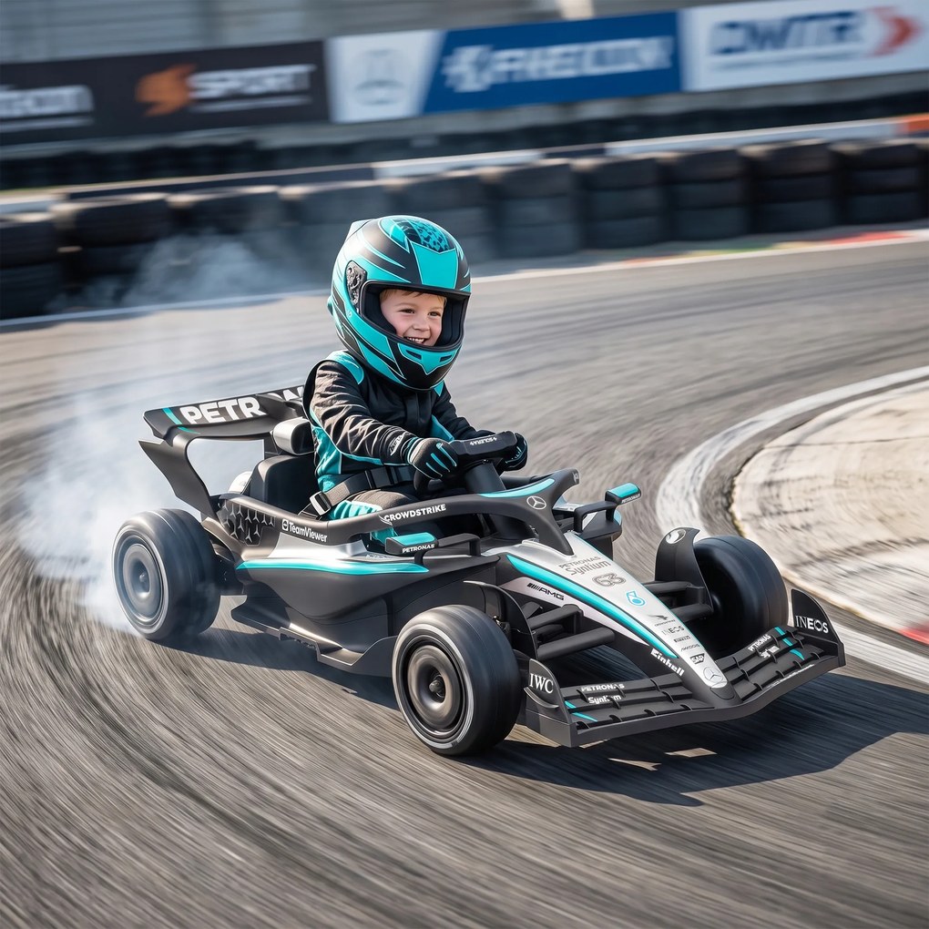 AIYAPLAY Mașină Electrică Pentru Copii Mercedes-AMG PETRONAS F1, 12V, Telecomandă, PP, Plastic, 123x66x39 cm, Negru | Aosom Romania