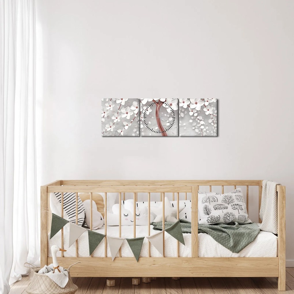 Tablou - Imaginea copacului alb cu flori albe, rosegold (cu ceas) (90x30 cm)