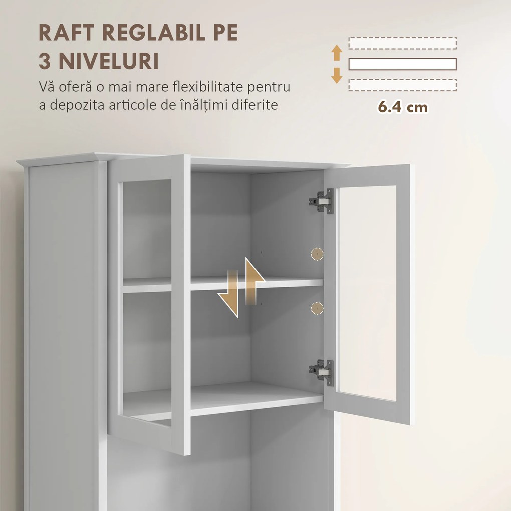 HOMCOM Bufet cu Cabină, Dulap de Bucătărie Independent cu Uși de Sticlă, 3 Sertare și Raft Reglabil, 68x38x172 cm, Alb | Aosom Romania