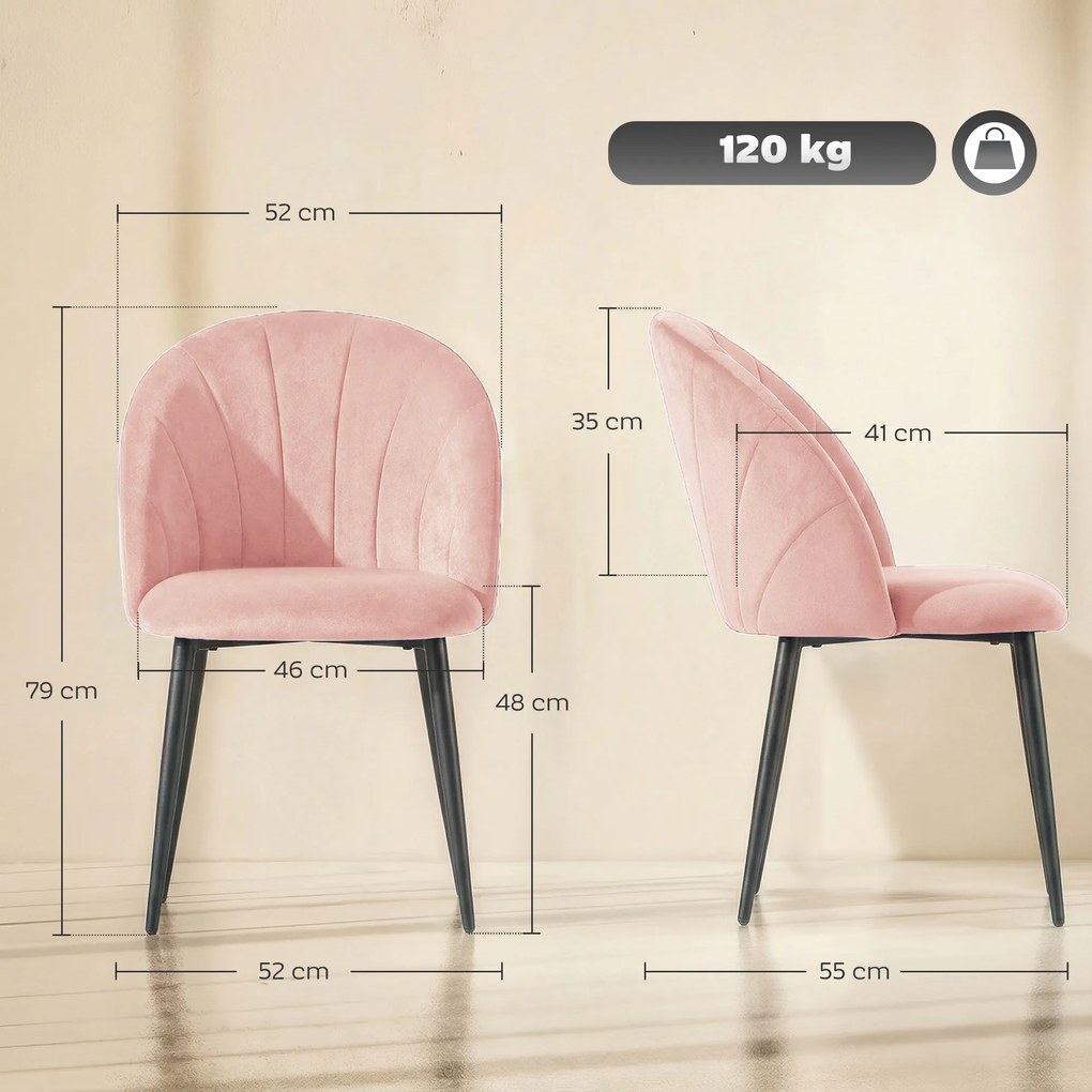 HOMCOM Set de 2 Scaune de Sufragerie din Catifea, Scaune Bucătărie cu Spătar Curbat în Formă de Scoică, Picioare din Oțel, Stil Nordic, Scaun Tapițat pentru Bucătărie, Dormitor, Cameră de Zi, Roz | Aosom Romania