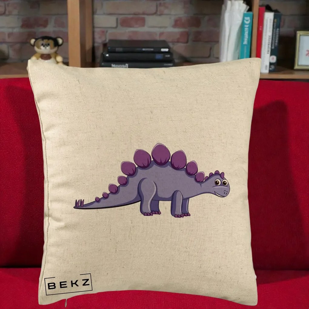 Perna Personalizata Stegozaur Mov, 40x40 cm, Bej, Husa Detasabila, Perna Inclusa, BEKZ®