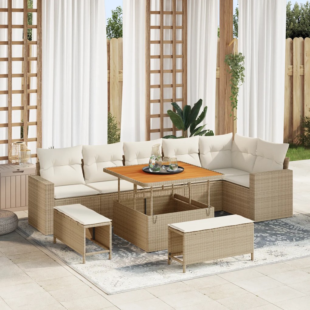 vidaXL Set de canapele de grădină cu 9 piese, perne incluse, bej, din rattan sintetic, acacia.