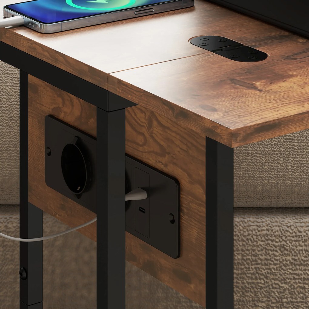 HOMCOM Măsuță de cafea în formă de C, extensibilă, cu 2 stații de încărcare, lemn și metal, 39x29x57 cm, negru și maro | Aosom Romania