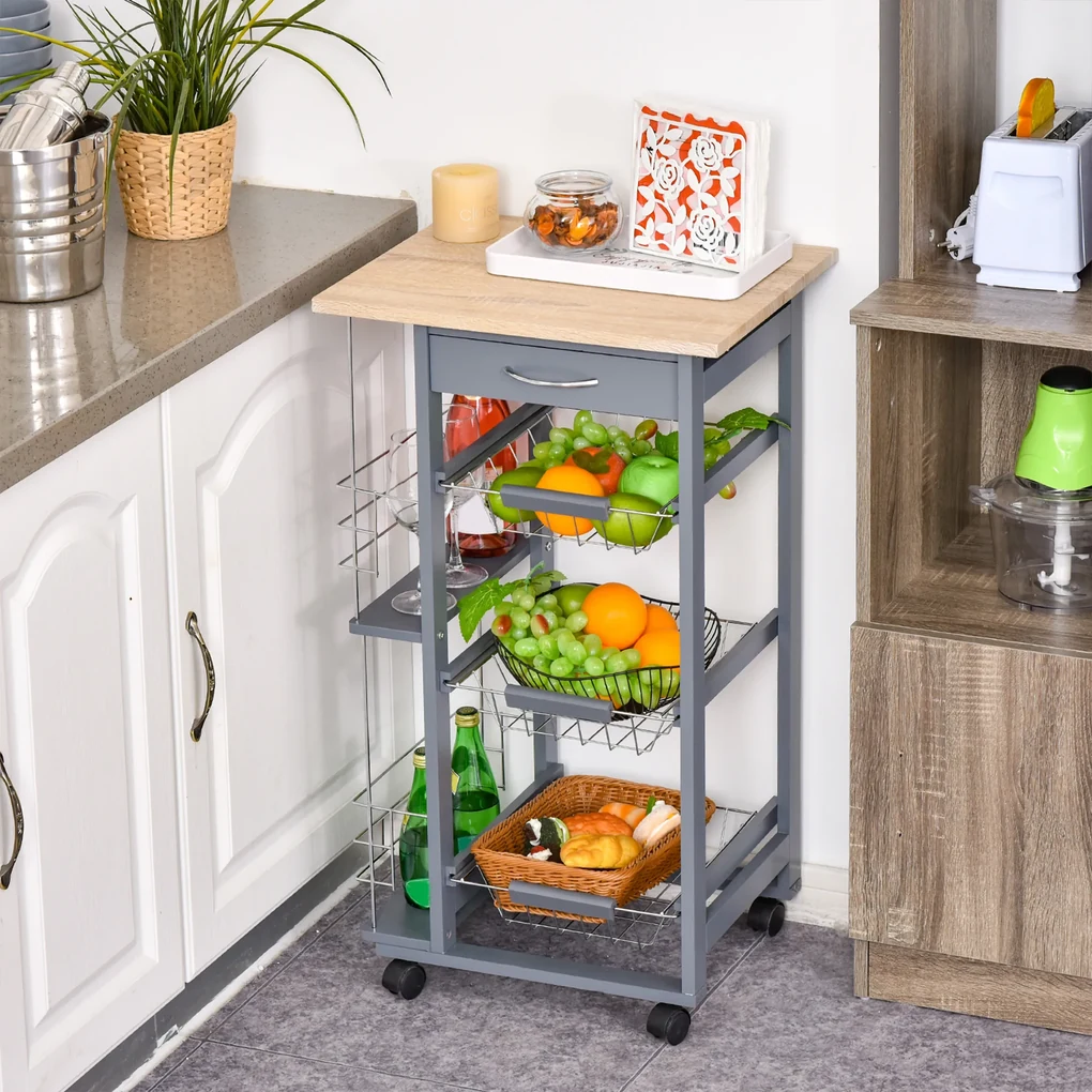 HOMCOM Carucior Bucatarie Multifunctional cu 3 Sertare Detasabile 2 Suporturi Sticle Lemn de Pin Metal 47x37x83cm Stejar Gri | Aosom Romania