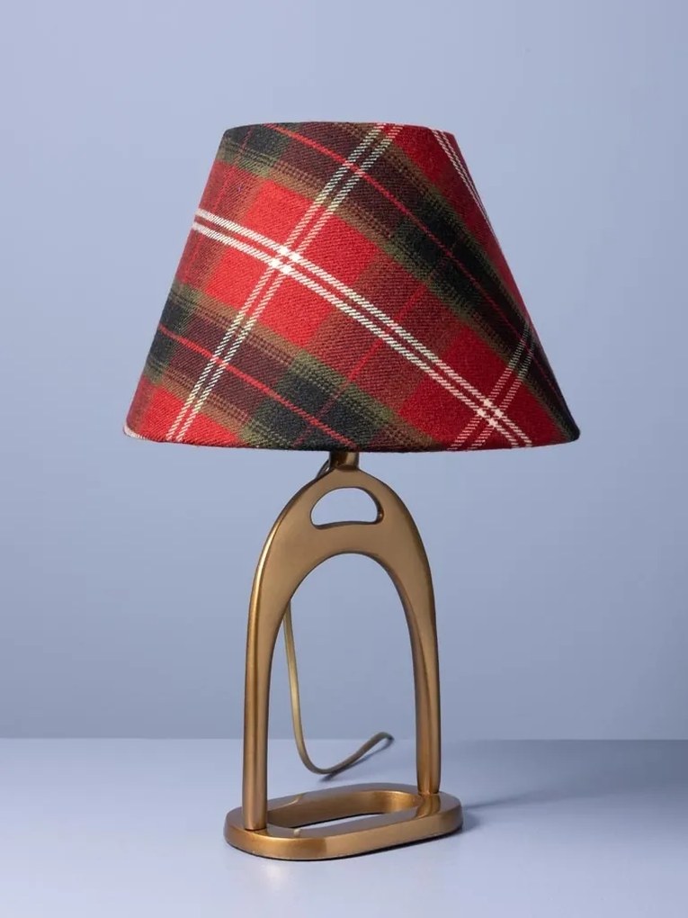Lampă de masă din lână multicoloră, cu structură din metal auriu, abajur în carouri, finisaj vintage, 29×15×9,5 cm, „Stirrup"