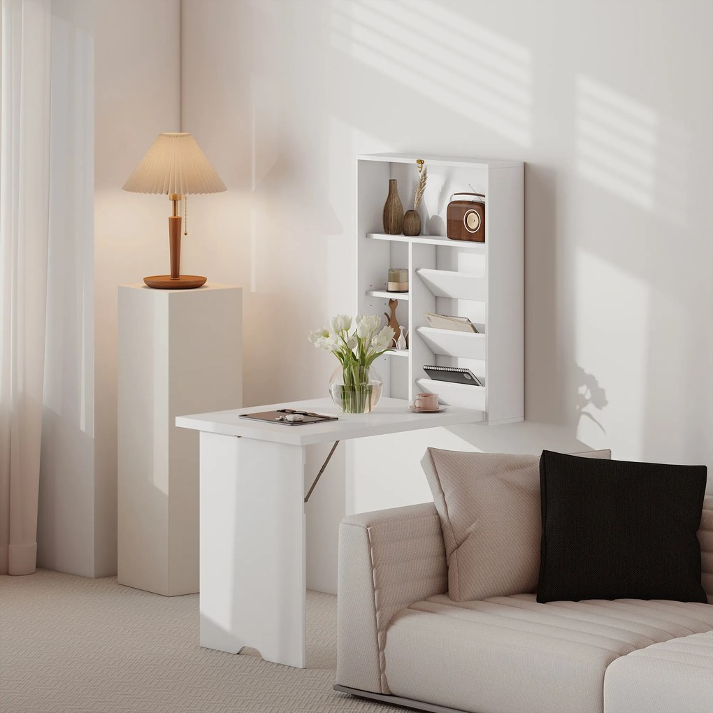 HOMCOM Birou pliabil de perete, masă de perete pliabilă cu rafturi pentru living, sufragerie, birou, 93,8 x 60 x 147 cm, alb | Aosom Romania