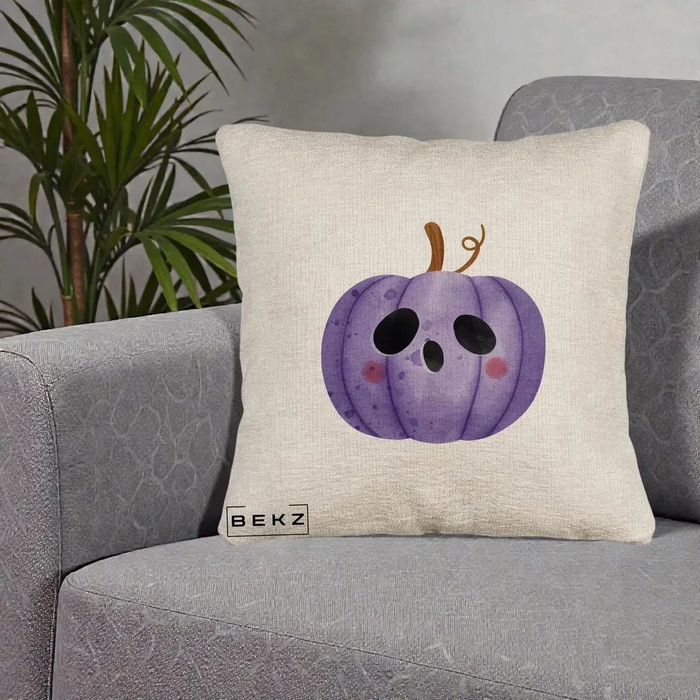 Perna Decorativa Dovleac Halloween Mov Kawaii, 40x40 cm, Bej Canapea, Husa Detasabila, Perna Inclusa, BEKZ®