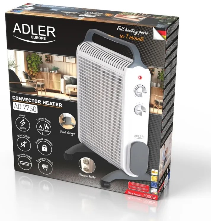 Convector podea Adler AD 7750, 2000W, 2 trepte, Termostat regabil, IP24, Protectie, Alb/Gri