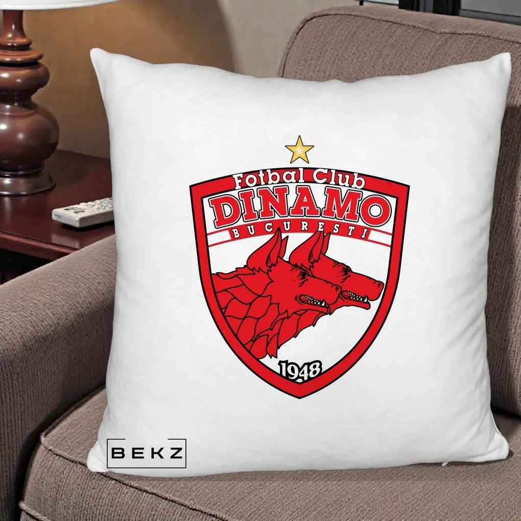 Perna Personalizata FC Dinamo Bucuresti 1948 Fotbal, 40x40 cm, Alb Pufos, Husa Detasabila, Perna Inclusa, BEKZ®