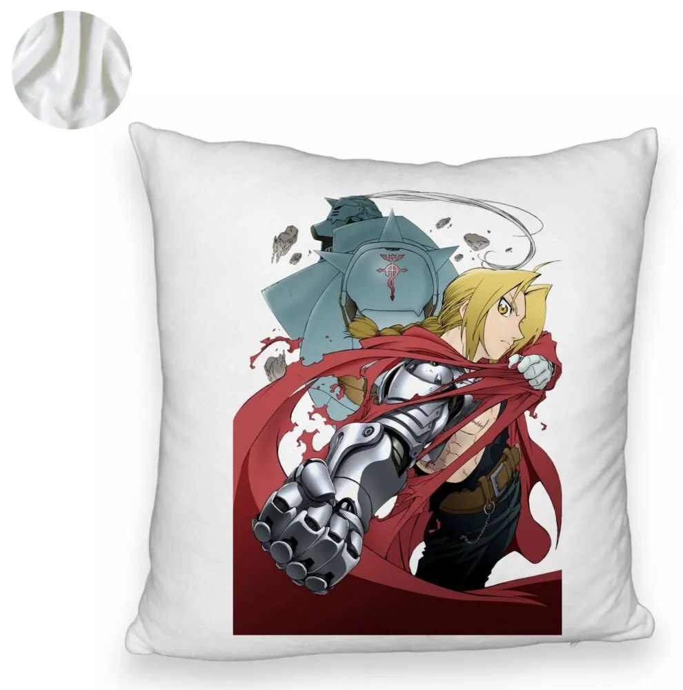 Perna Decorativa Fluffy cu Full Metal Alchemist Edward Elric, 40x40 cm, Alba, Husa Detasabila, Burduf