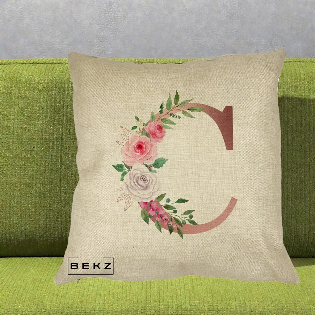 Cadou Personalizat - Perna Personalizata Monograma Rose Gold Litera C, 40x40 cm, Crem, Husa Detasabila, Perna Inclusa, BEKZ®