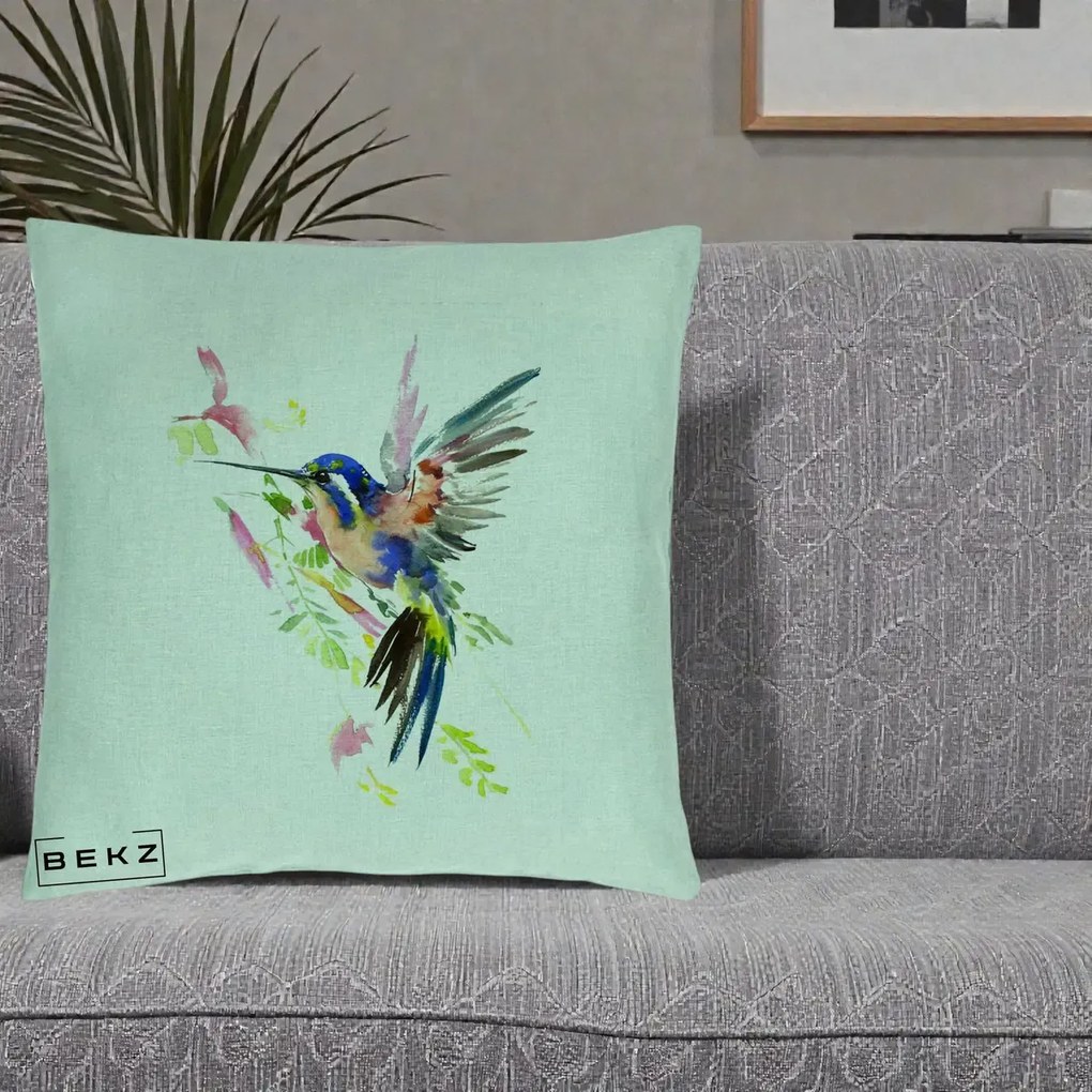 Perna Decorativa Colibri Acuarela, 40x40 cm, Verde Menta, Husa Detasabila, Perna Inclusa, BEKZ®