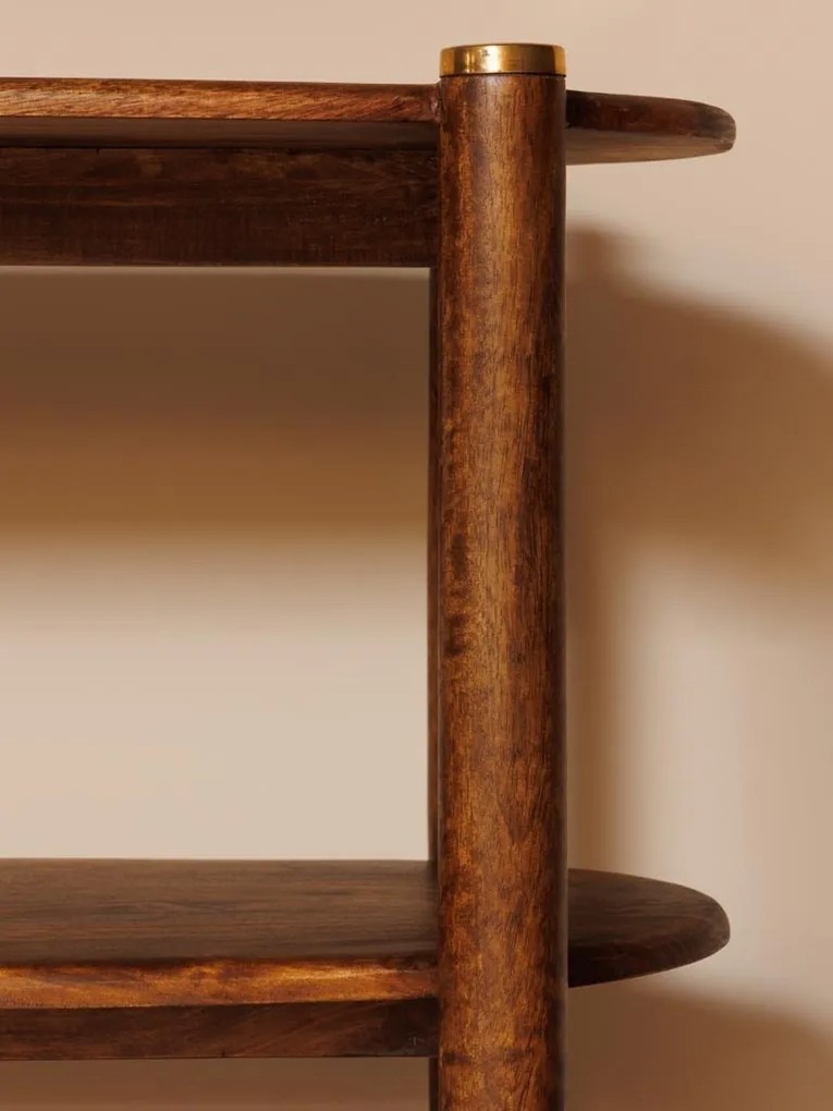 Etajeră din lemn de mango, maro, cu 5 rafturi ovale și detalii din alamă, aspect mid century, 168 x 94 x 40 cm, „Elanza”