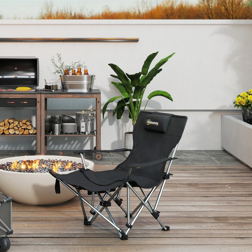 Outsunny Scaun de Camping Pliabil și Rabatabil cu Suport pentru Picioare Detașabil și Tetieră, 82x50/100x88 cm, Negru | Aosom Romania