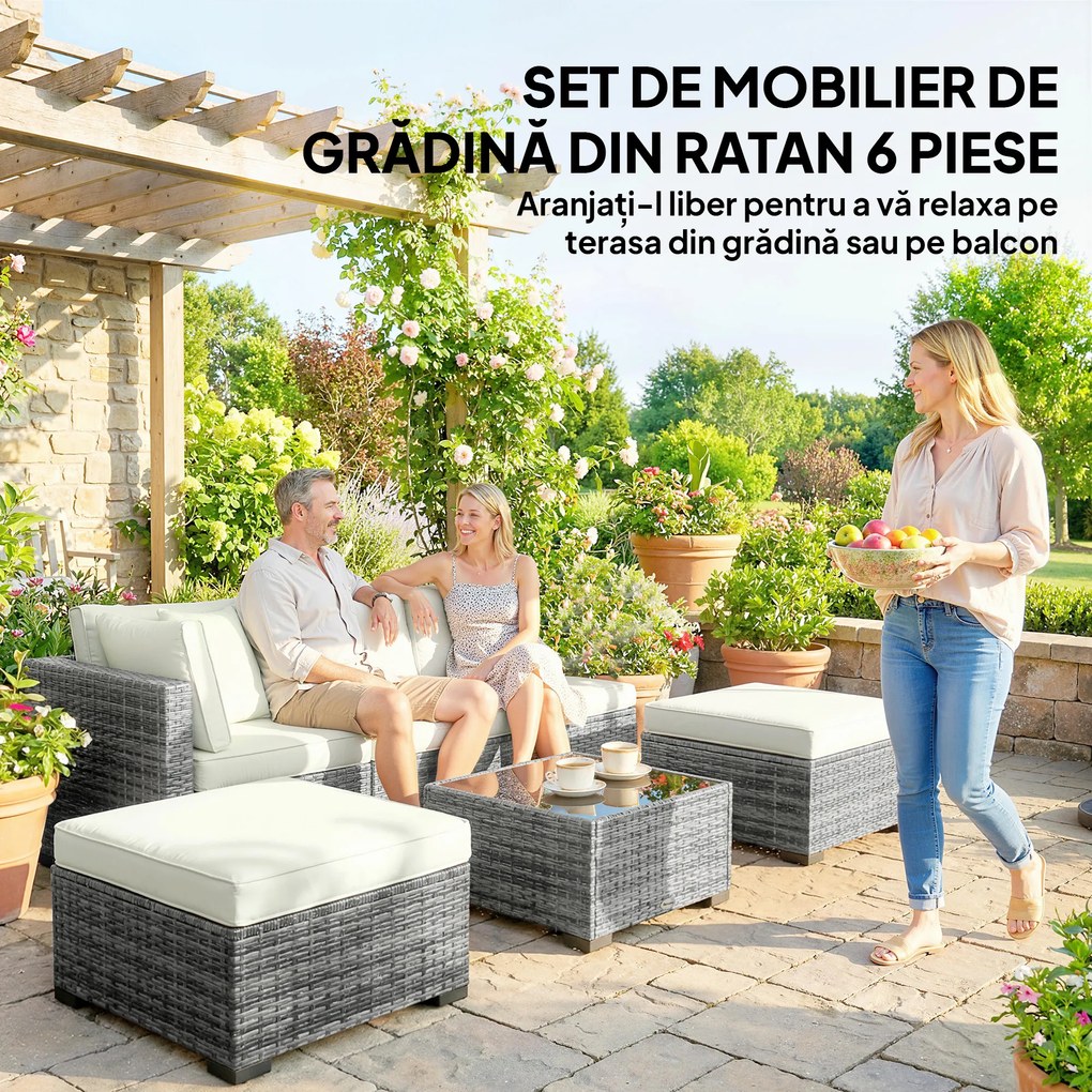 Outsunny Set Mobilier de Grădină din Ratan, 6 Piese, Fotoliu Colțar, Canapele fără Brațe, Suporturi pentru Picioare și Măsuță, Gri Amestecat | Aosom Romania
