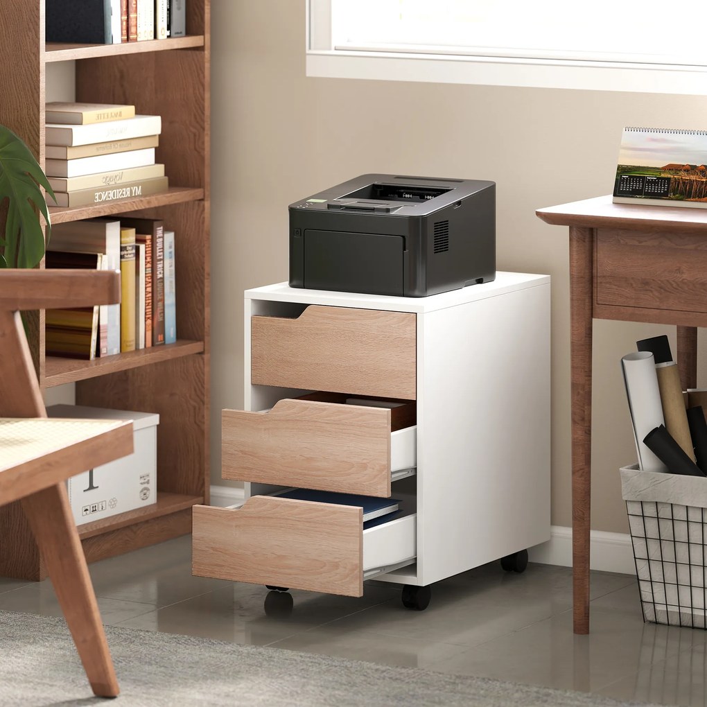 Comoda din MDF cu 3 Sertare si 4 roti cu rotatie de 360 ° (2 cu frane), pentru Birou sau Studio Alba si Lemn 31x37x7.2cm HOMCOM | Aosom Romania