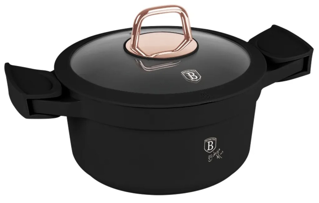 Oală cu capac și mânere de silicon detașabile 20 cm, 2.8L – Berlinger Haus Black Rose Collection BH 1456, neagră, cu strat antiaderent cu titan