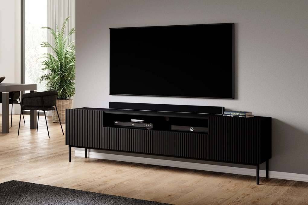 Comodă TV Nicole 200 cm cu nișă și sertare - negru mat / picioare negre