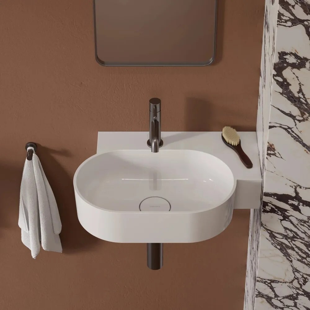 Lavoar suspendat Omnires Ovo M+ finisaj alb lucios 55.5 cm dreapta