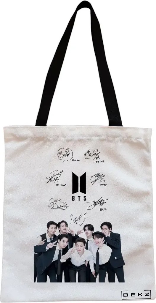 Sacosa de Panza pentru Cumparaturi, Geanta Tote, model BTS Army 6 cu semnaturii, Cu fermoar, 38x34.5 cm, Alba, BEKZ®