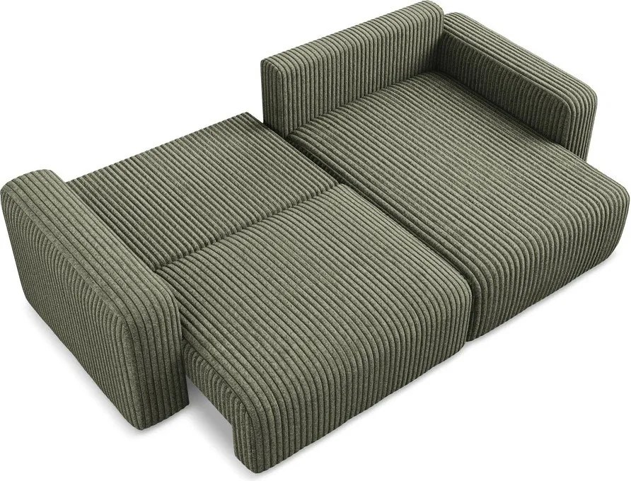 Colțar verde extensibil/cu spațiu de depozitare cu tapițerie din catifea reiată (cu colț pe partea dreaptă/cu șezlong) Kona – Makamii