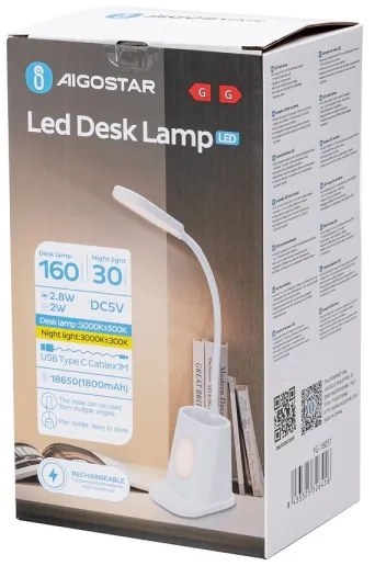 Lampă LED reîncărcabilă dimabilă de masă Aigostar LED/2,8W/5V 1800mAh 3000/5000K alb